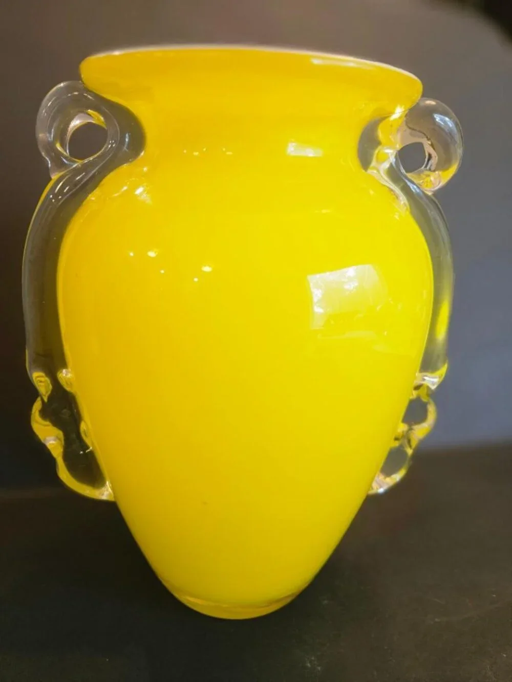 VTG lemon yellow hand blown art glass vase, clear glass handles, white interior